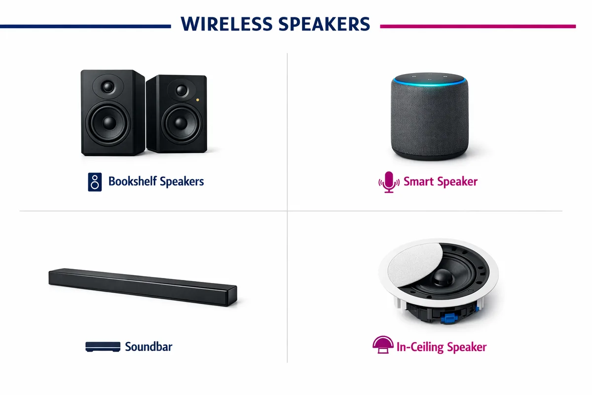 רמקולים אלחוטיים לסלון - המדריך המקצועי לבחירת מערכת שמע מושלמת סוגי רמקולים אלחוטיים - השוואה בין סטריאו, חכמים וסאונד בר