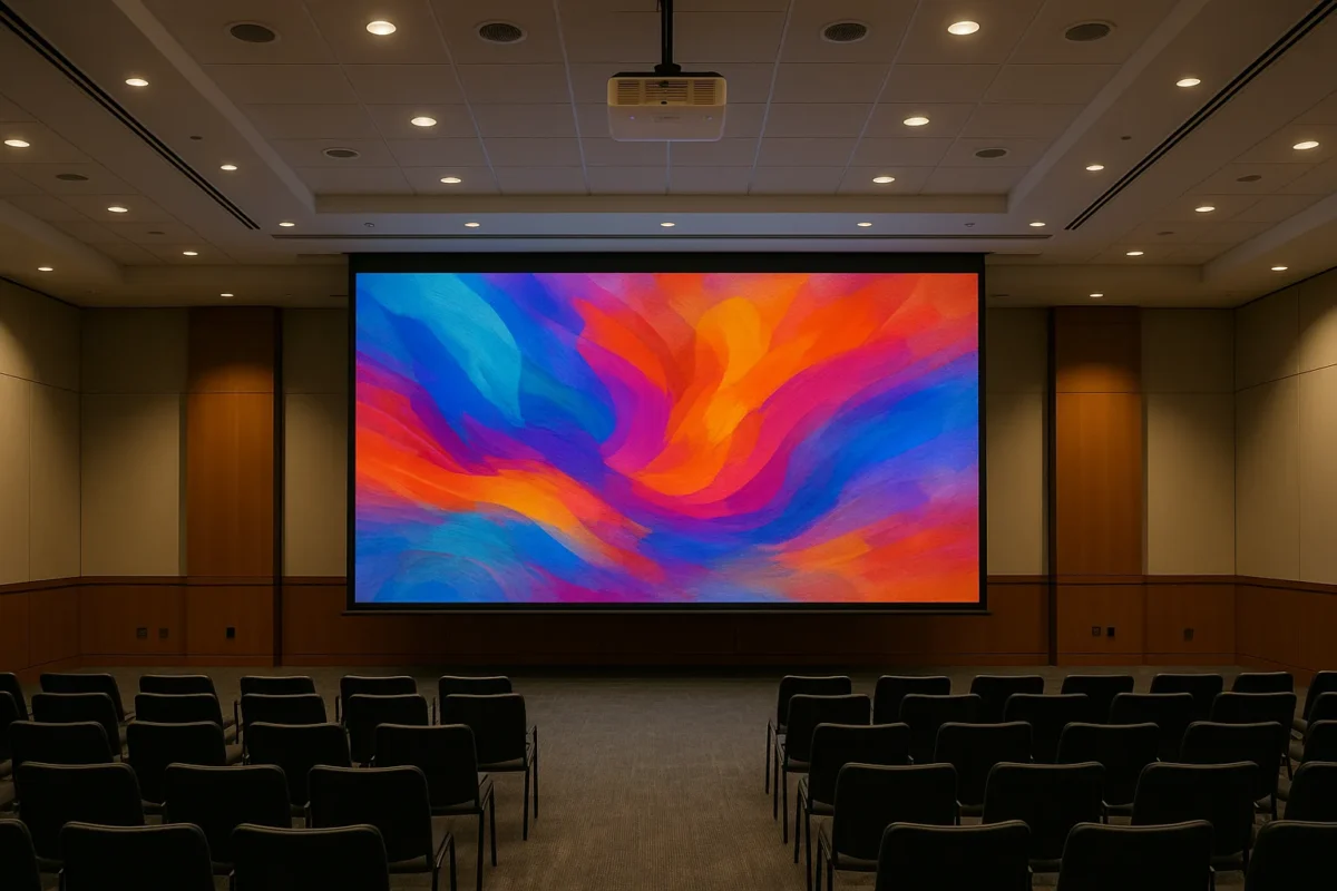 מערכת הקרנה מקצועית באולם כנסים עם מסך גדול ותאורה מותאמת