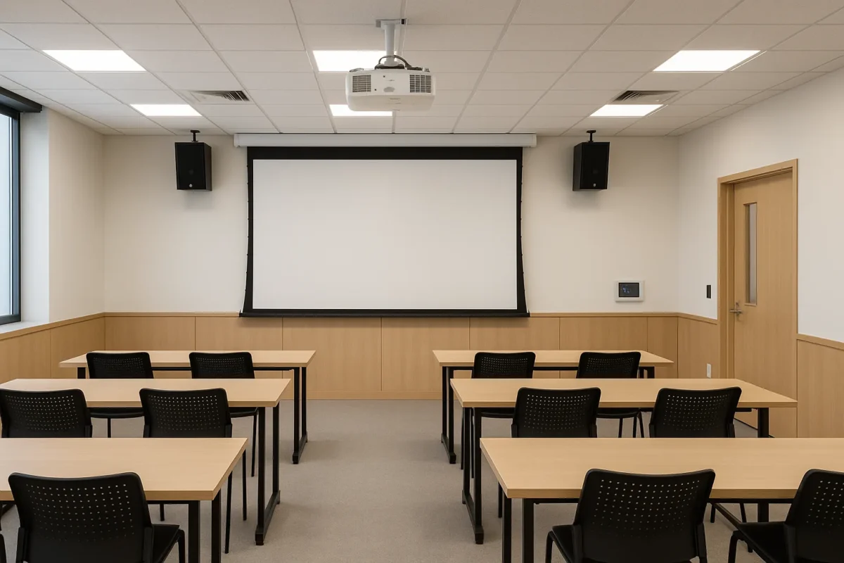 שילוב מערכות שמע והקרנה — רמקולי תקרה ומקרן לייזר בחדר הדרכה