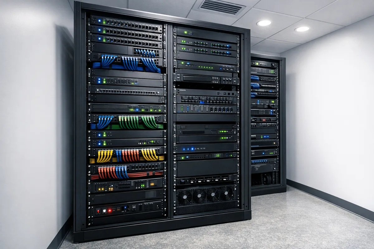 ארון בקרת מולטימדיה לבנייני משרדים — AV-over-IP, ממתגים ומטריצת שמע