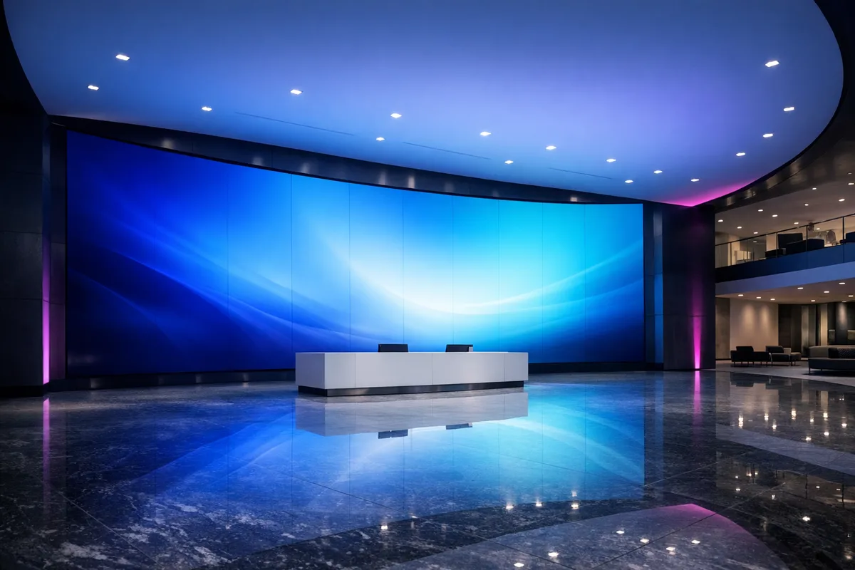 מולטימדיה לבנייני משרדים — קיר וידאו ענק בלובי בניין משרדים מודרני