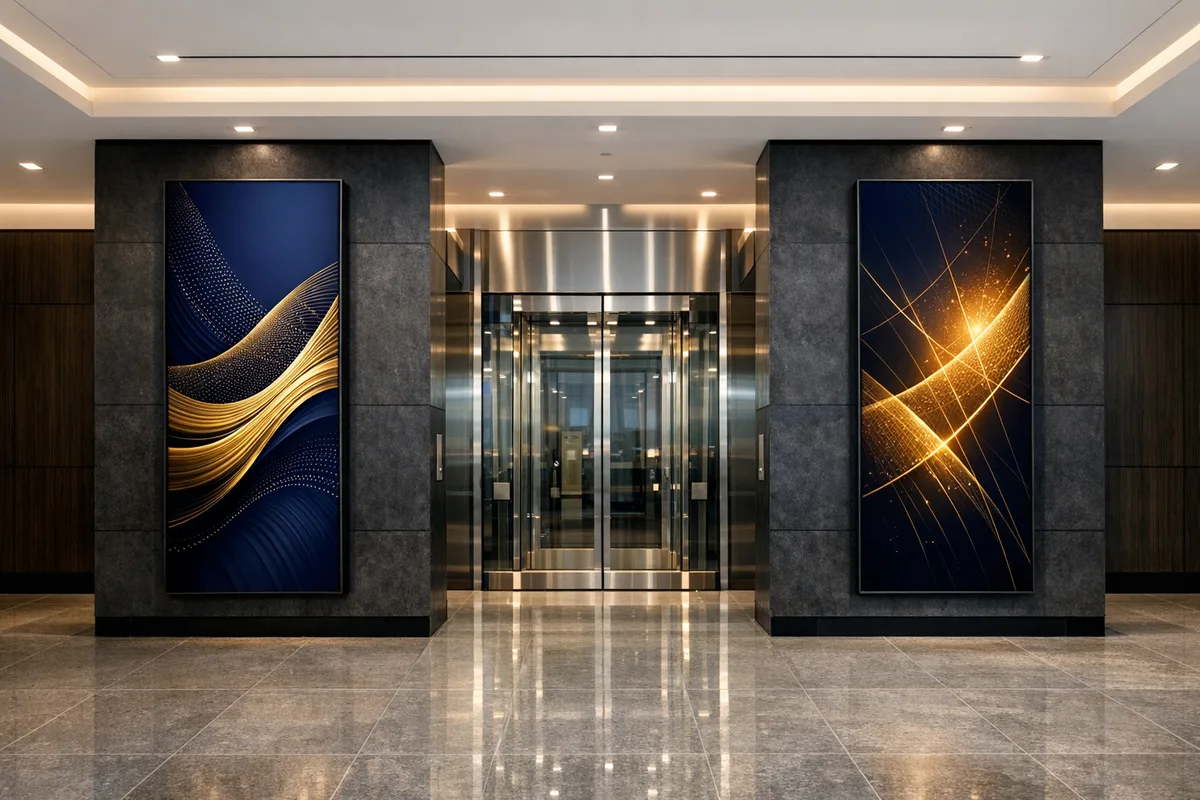 שילוט דיגיטלי במולטימדיה לבנייני משרדים — מסכי תצוגה אנכיים בלובי מעליות