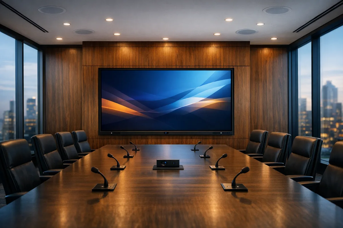 חדר ישיבות חכם עם מערכת מולטימדיה לבנייני משרדים — מסך אינטראקטיבי ומיקרופוני ועידה