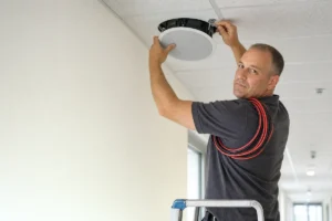 טכנאי מתקין רמקול תקרה במסדרון מוסדי במסגרת התקנת מערכת כריזה
