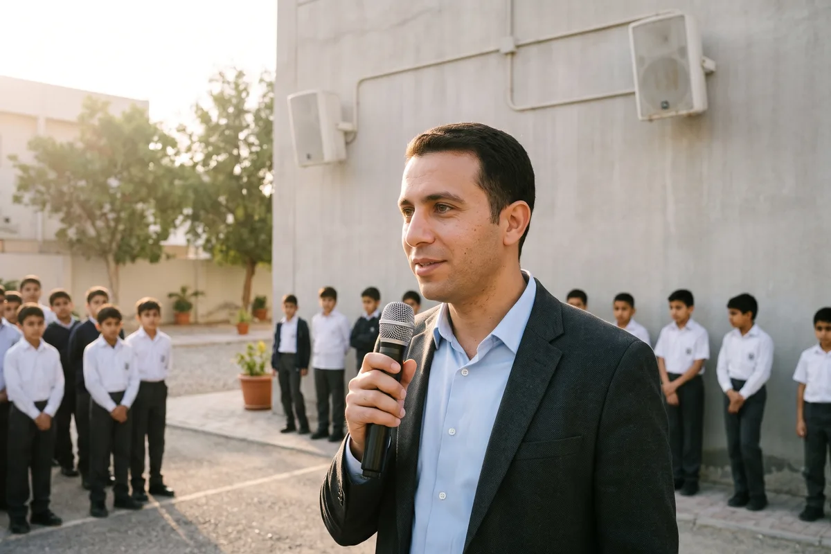 רמקולים חיצוניים בחצר בית ספר, מנהל מדבר במיקרופון בטקס בוקר והתלמידים שומעים היטב